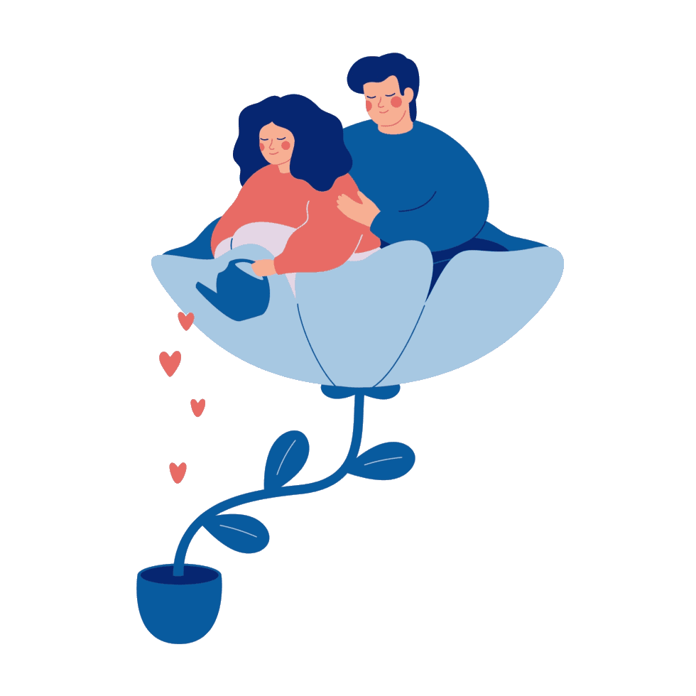 Ilustración de una pareja feliz, regando una planta juntos